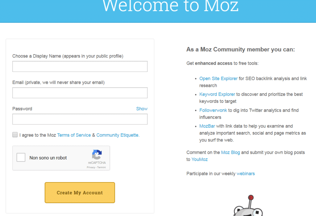 Registrazione alla Community di SEOMOZ