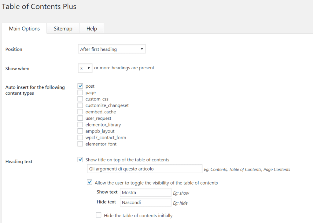 configurazione plugin toc+ WordPress